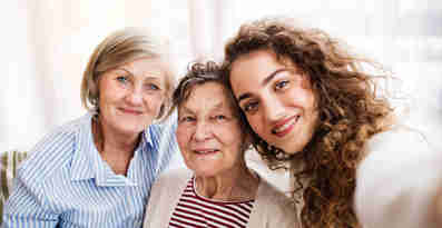 Tre kvinnor från olika generationer tittat in i kameran